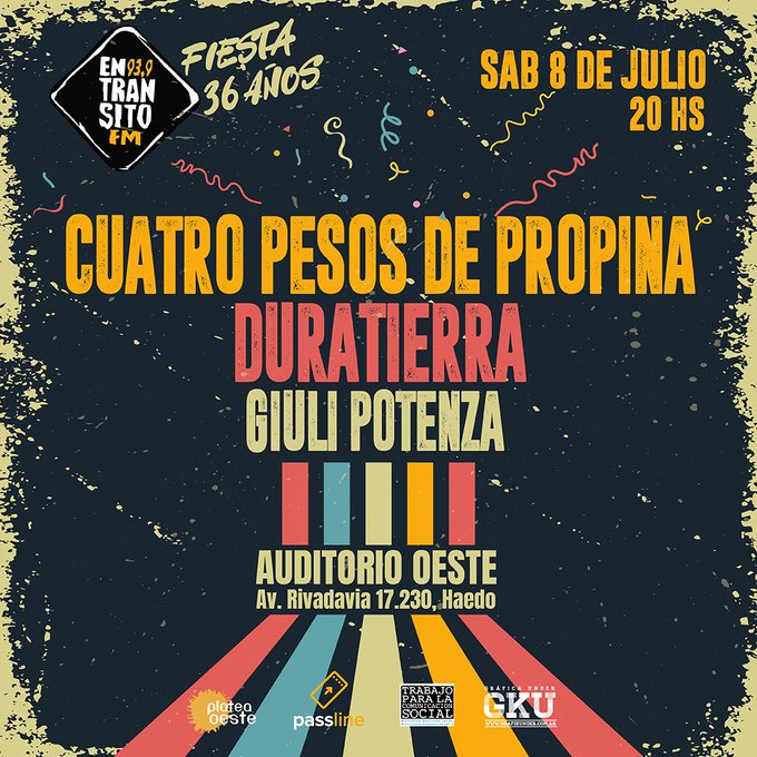 fmentransito's tweet photo. 36 años en Tránsito y hay fiesta 🥳

Estarán celebrando con nosotros➡️@cuatropesos @duratierra y #GuiliPotenza 🙌

📆8 de julio a las 20hs🤩

🎟️Conseguí tus anticipadas acá➡️https://t.co/UG8JrbFLwC https://t.co/OtkYXU6IbB