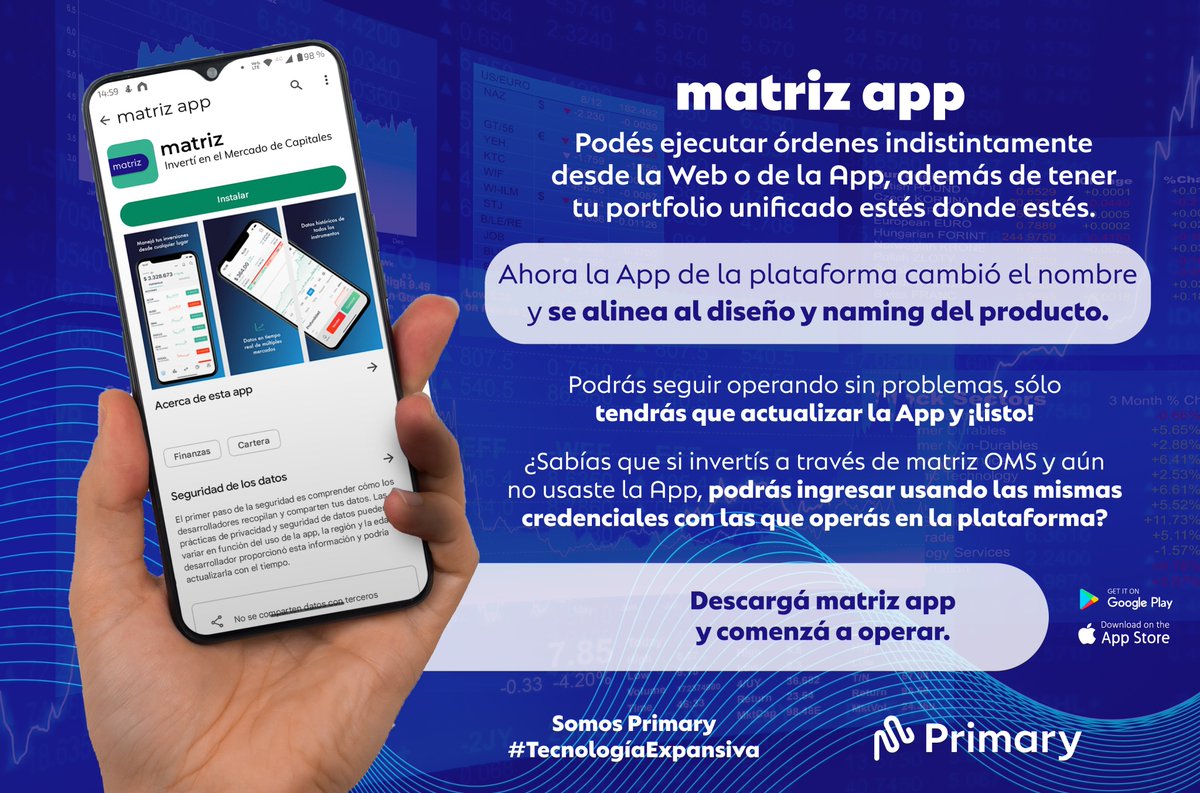 Cada vez son más los ALyCs que utilizan nuestra plataforma matriz OMS para que sus clientes puedan invertir en el Mercado de Capitales. Ahora, la App desde la que también podés operar cambia para alinearse al diseño y naming del producto.
Somos Primary, #TecnologíaExpansiva