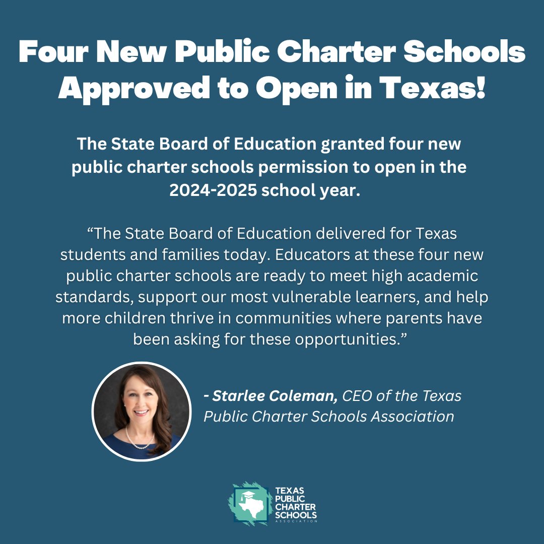 Congrats to the four #txcharterschools that were approved to open in the 2024-2025 school year! 🎉 

Celebrate Dyslexia School (SATX) 
<a href="/NextGenAcademie/">NextGen Innovation Academy</a> (HTX)
<a href="/UP_Excellence/">UP Excellence Academy</a> (HTX)
<a href="/HeritageEd_TX/">Heritage Classical Academy</a> (HTX)

These are exciting opportunities for Texas families! #txcharterswork