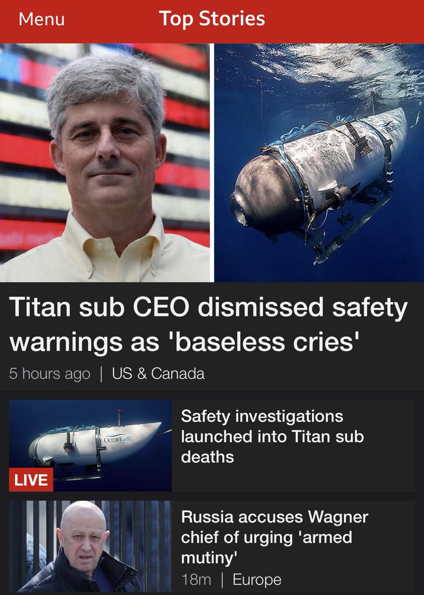 Any chance <a href="/BBCNews/">BBC News (UK)</a>  could move the #Wagner group launching a coup on #Russia  to the top and provide more context/content.

The #Titanic sub disaster is tragic but a potential coup d’etat in a nation possessing the most nuclear weapons in the world may just trump it.