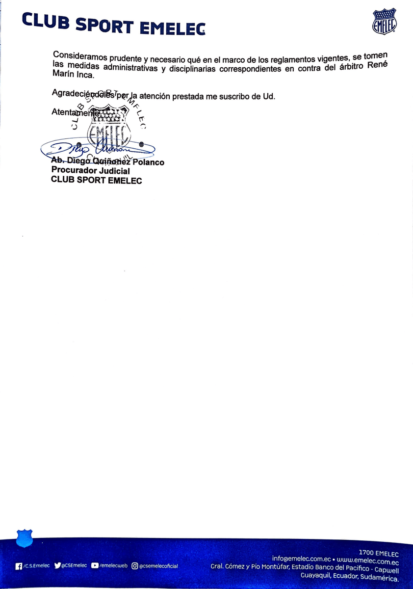 CSEmelec's tweet photo. Acusamos recibo de la acertada respuesta que ha dado la Comisión Nacional de Árbitros y la FEF por los hechos suscitados en el partido válido por la fecha 15.

Se adjuntan comunicaciones CSE y Comisión.

#PorEmelec⚡ https://t.co/RGkDfpBw62