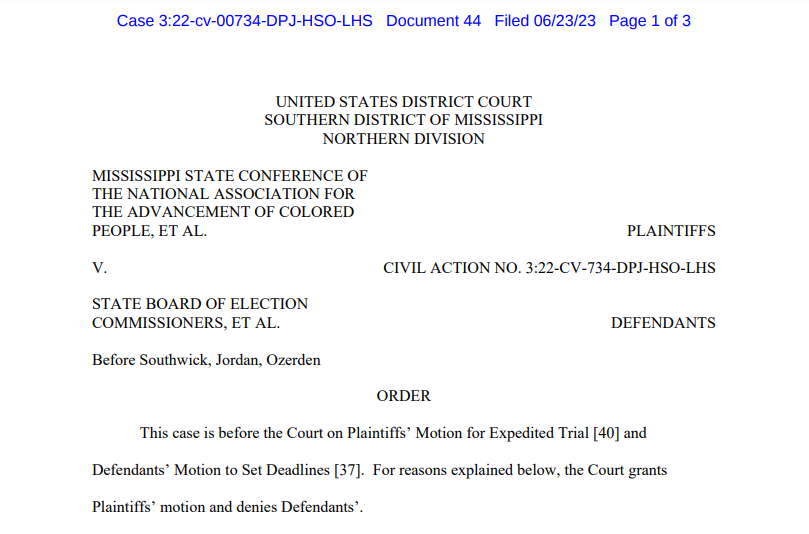 Judge Jordan denied #LaterTater's request to wait until December 2024 to decide if #MSleg is racially gerrymandered.

Jordan granted @MSNAACP's motion for a February 2024 trial so that new elections can be held in November 2024 if MSNAACP wins. storage.courtlistener.com/recap/gov.usco…