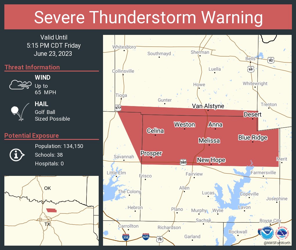 Severe Thunderstorm Warning including Prosper TX, Anna TX and  Celina TX until 5:15 PM CDT. This storm will contain golf ball sized hail!