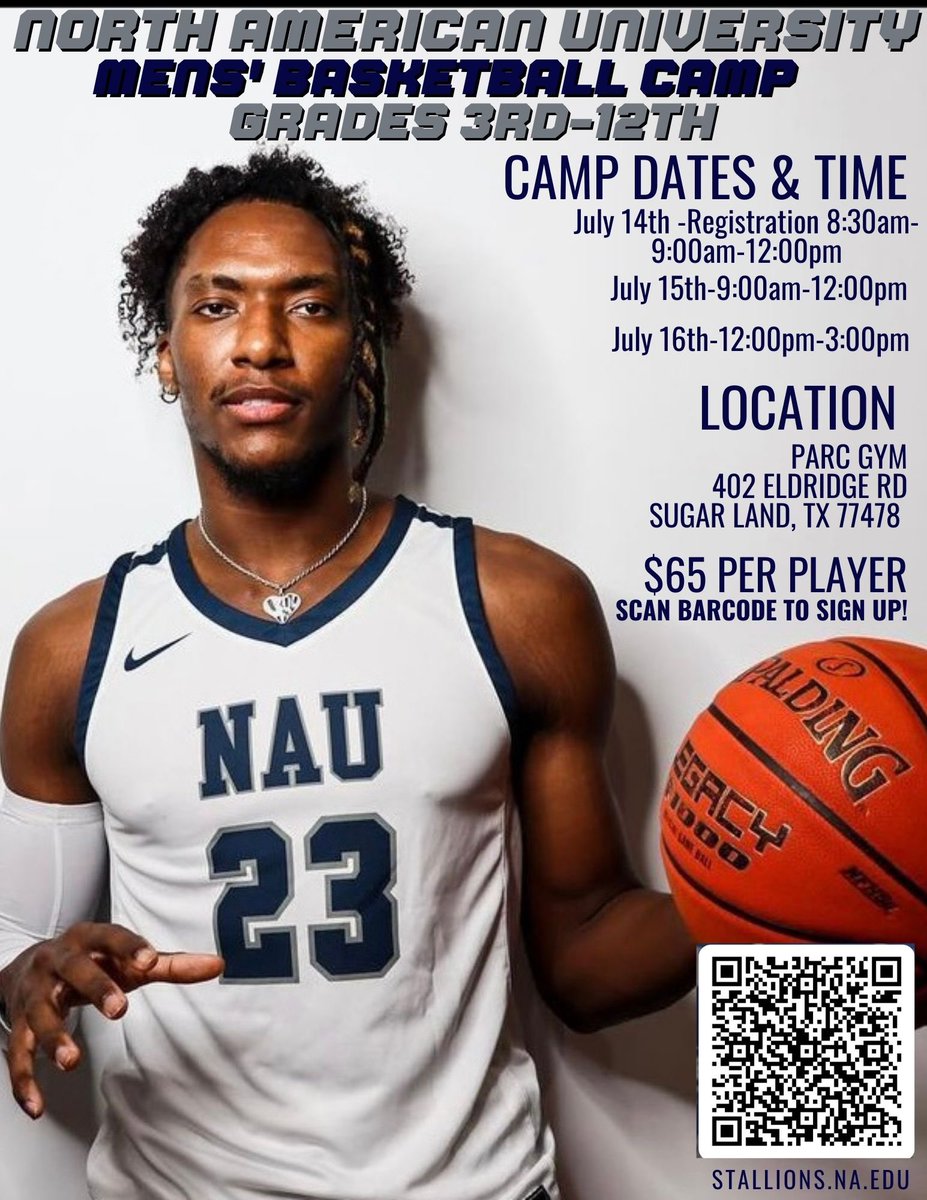 REGISTRATION OPEN!! North American University camp is coming July 14-16th. Get ready for one of the hottest basketball camps in TX. Use the barcode to sign up today. We look forward to seeing you there!