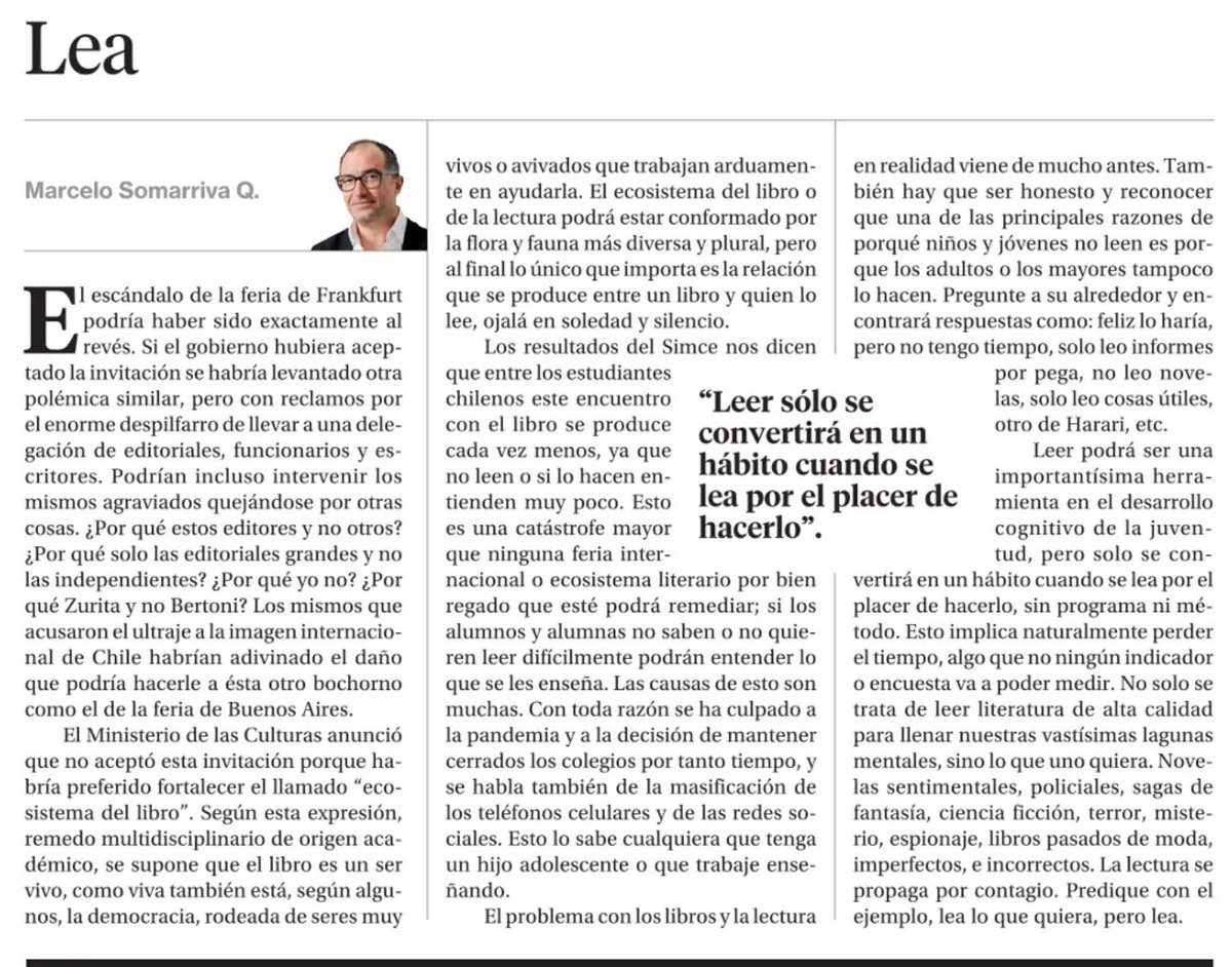 Mjosefinaliaga's tweet photo. “(…) hay que ser honesto y reconocer que una de las principales razones de porqué los niños no leen es porque los adultos o los mayores tampoco lo hacen”
- “Leer sólo se convertirá en un hábito cuando se lea por el placer de hacerlo”

“Lea lo que quiera, pero lea”.
Recomiendo⬇️ https://t.co/L86eSuYG99