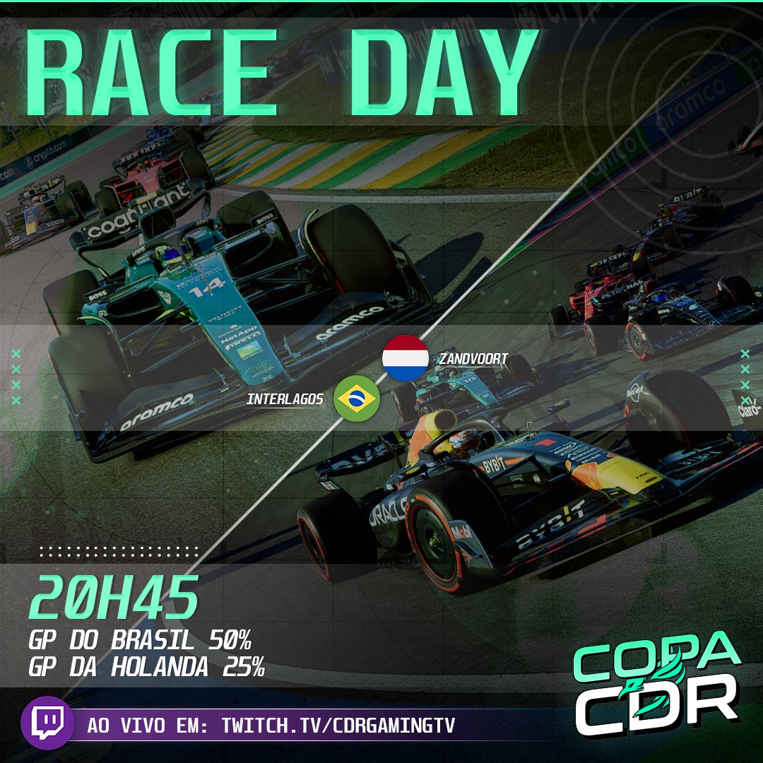 RACE DAY, COPA CDR! 🔥

Hoje tem estreia das 2 primeiras corridas da Copa CDR, um campeonato onde literalmente tudo pode acontecer!

🏁 Brasil 50% + Holanda 25% com grid invertido.

👉Copa CDR
⏰20h45
📺twitch.tv/cdrgamingtv

Vamos matar as saudades já no F1 23!