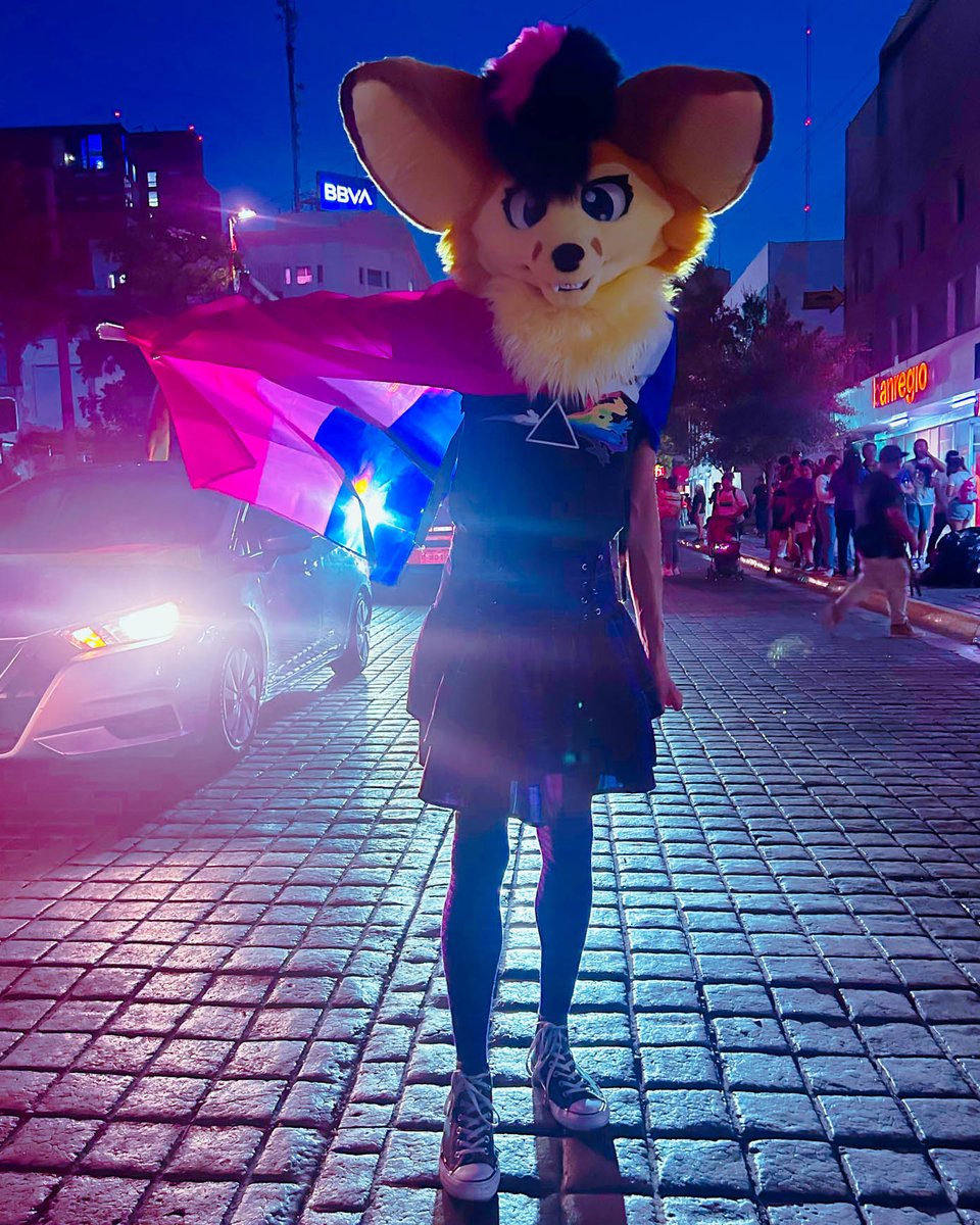 RaviFennecFox's tweet photo. #FursuitFriday is back m8s.

Here's some memories from last week's pride march by @RemmSoft97!

#pridemty #femboyfriday #bipride #furryfandom https://t.co/Cv7VdbR33T