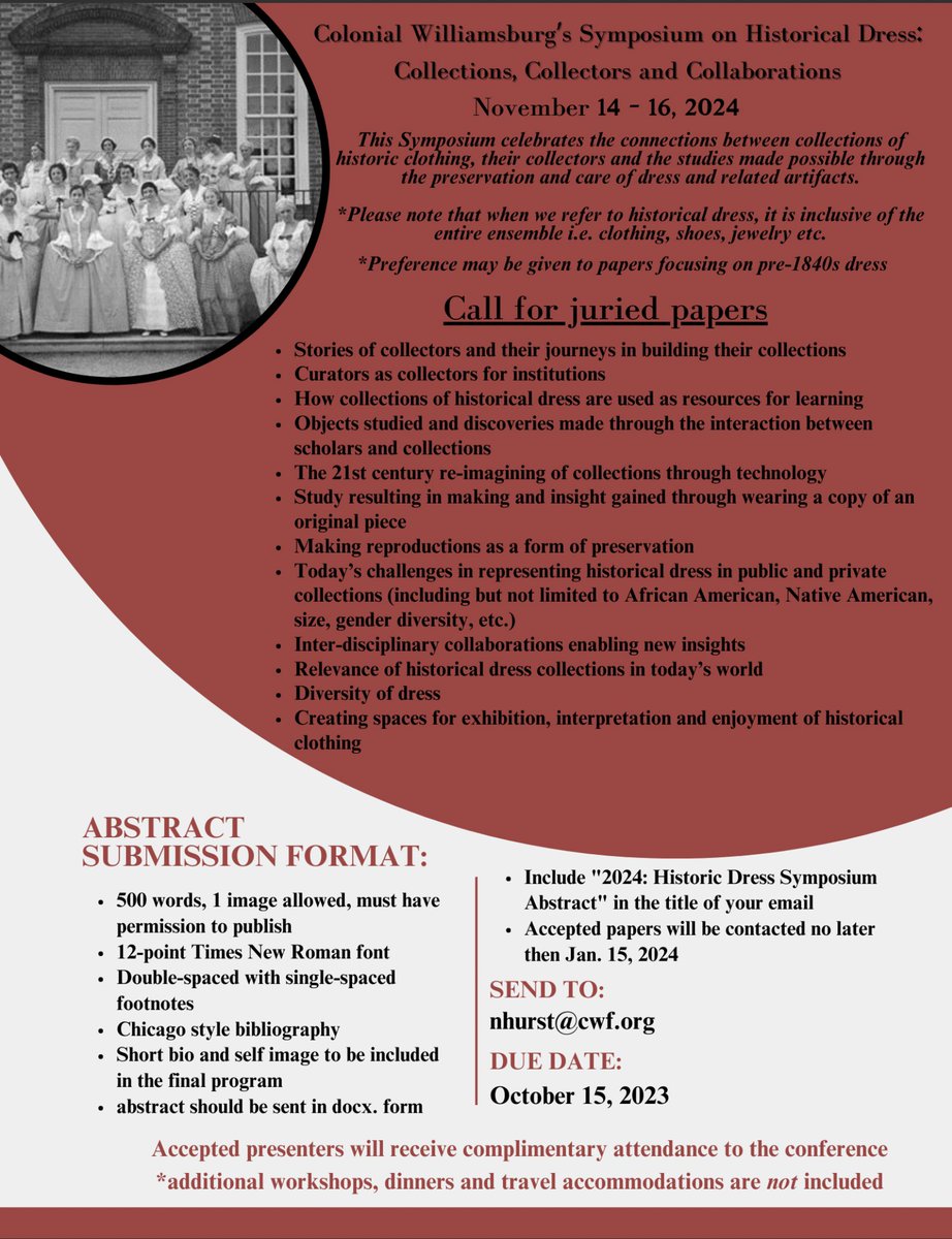 Call for papers! Colonial Williamsburg's Symposium on Historical Dress! November 14-16, 2024