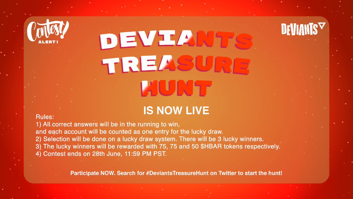 The long-awaited #Deviants Treasure Hunt is finally here! 📦🔥 Seize the chance to be a lucky winner of shiny $HBAR tokens. 🌟💰 Search for the hashtag provided in the image below, follow the tasks, and qualify to win. 😈 Join the hunt NOW! 🔎 #NFT #Hedera #NFTCommunity #NFTs