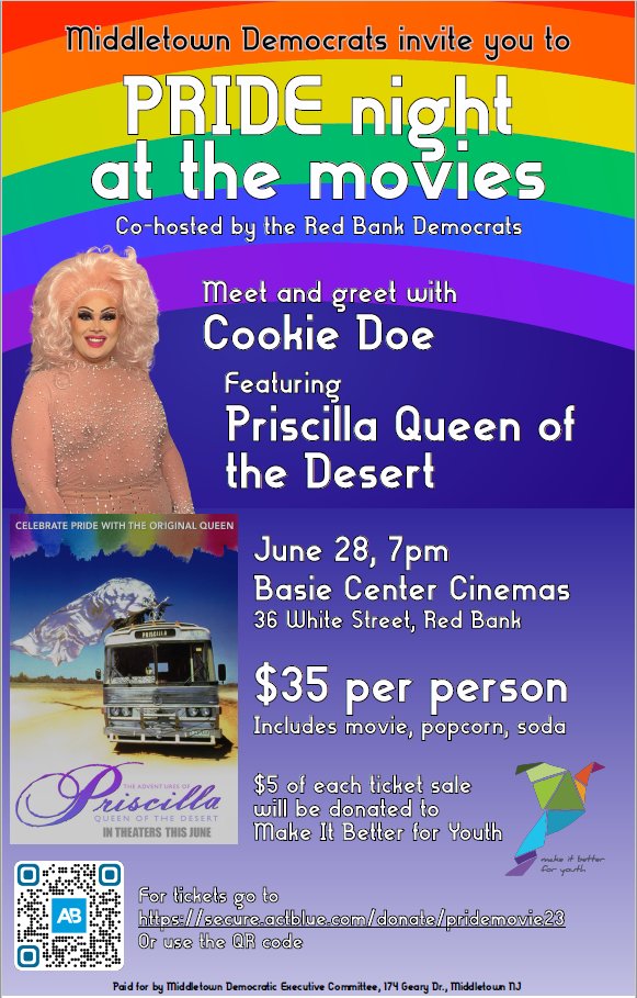 MiddletownDems's tweet photo. 1/ The Middletown Democrats invite you to our Pride Movie Night, cohosted by the Red Bank Dems, featuring "The Adventures of Priscilla, Queen of the Desert". 

Meet greet say hello and take a picture with our special lady "Cookie Doe" 

https://t.co/fYVSwjlWCx

Tickets are $35 https://t.co/9pduAasVgi