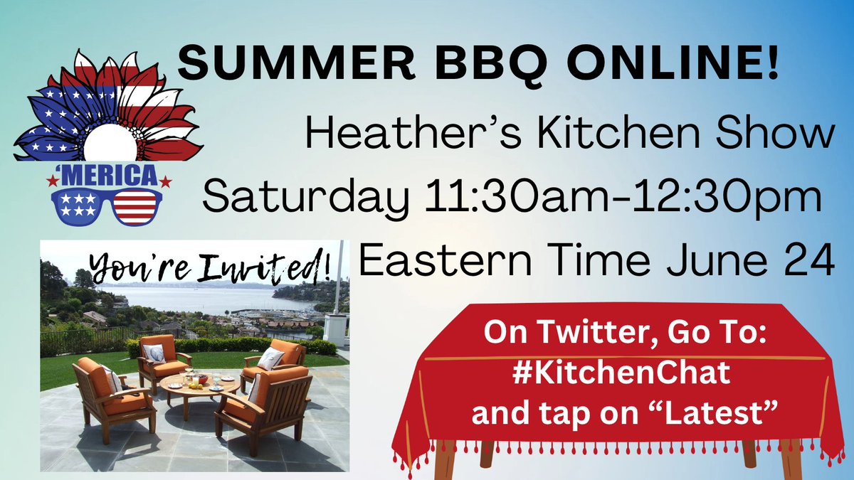hmschuldt's tweet image. Let&apos;s have a #KitchenChat where we talk about Summer BBQs! 

Live Chat: Saturday, June 24, 11:30am-12:30pm Eastern Time. Kitchen tips, recipes, and prizes! 

Go to #KitchenChat and tap on &quot;Latest&quot; - Let&apos;s get cookin&apos;!