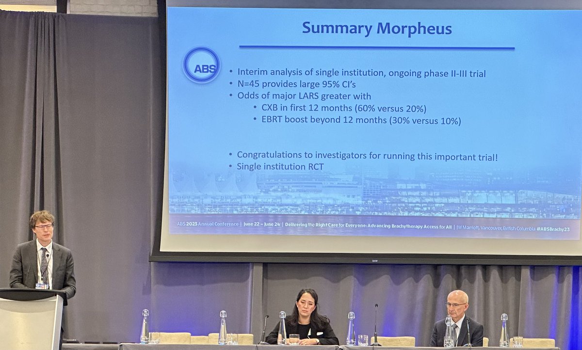 Morpheus early results shows lower LARS after 12 months than EBRT with Dr. Aurelie Garant and @remi_nout 

Plenary: Bowel Function Evaluation After Radiotherapy Dose Escalation: Early Results From The Morpheus trial

#ABSBrachy23 #ThisIsBrachytherapy #ABS2023
@AmericanBrachy