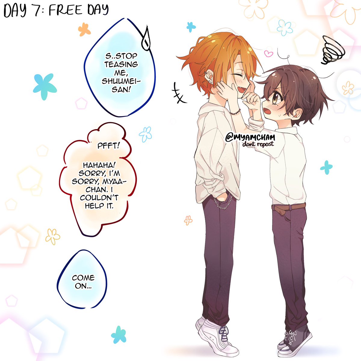 #MiyanoWeek2023 day 7: free day !!!

miyano’s tiptoeing for a kiss, but sasaki gives in to the urge to tease

#藤沢南第二文化部 #ssmy_FA