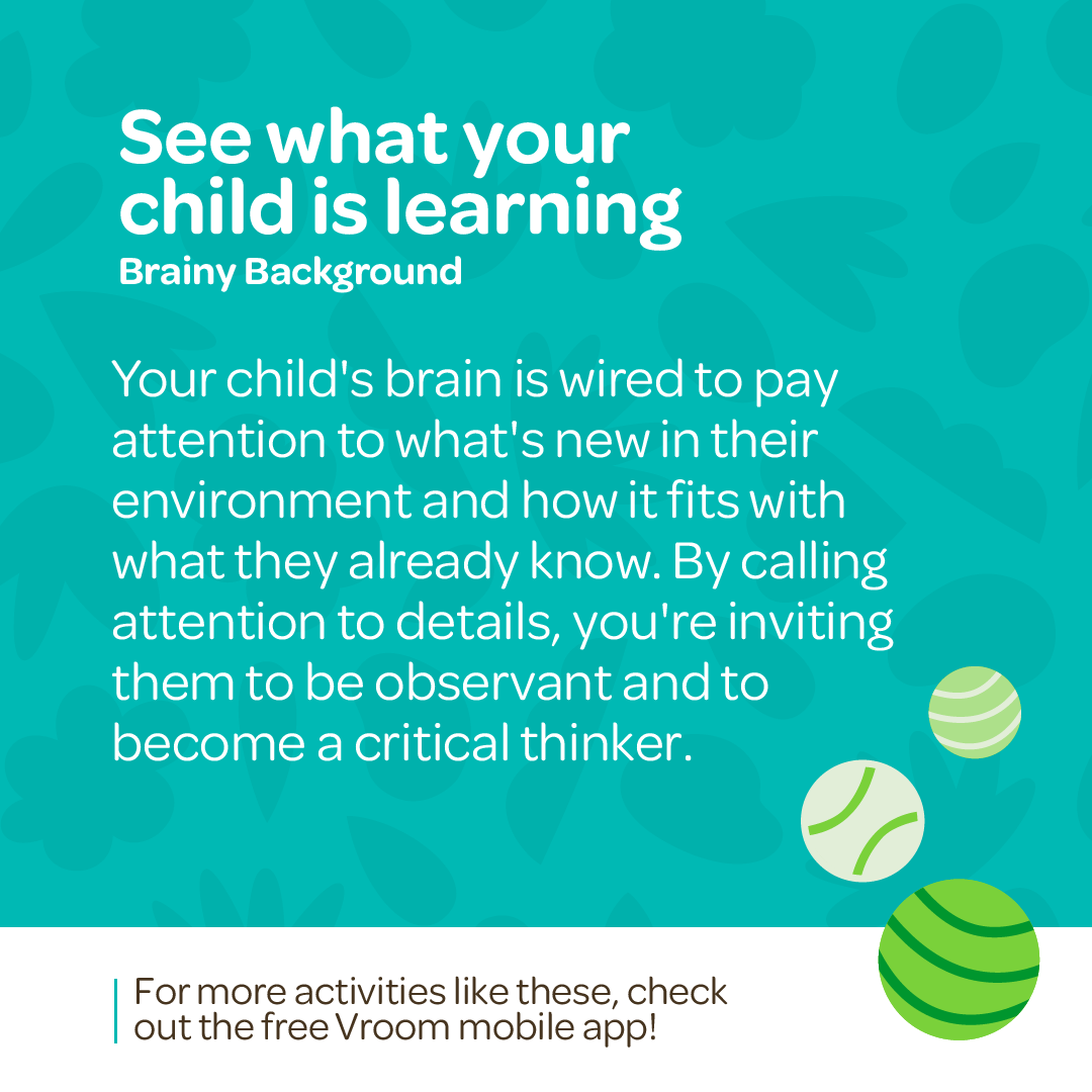 Here's a #VroomTip for your next walk outside. Get your child to tune in to the sounds around you – what do they hear? 

Make a song of these sounds and get your little one to add new sounds they hear! 🎶

For more excellent #BrainBuilding tips, head to Vroom.org!
