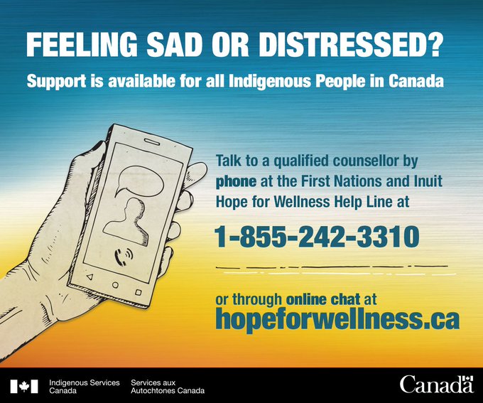 RT @Min_IndServ: The First Nations and Inuit Hope for Wellness Help Line now offers online chat. #Indigenous peoples in Canada can access culturally-relevant counselling/crisis intervention, 24/7, online or by phone.
➡️ow.ly/bE3R50O5hyF