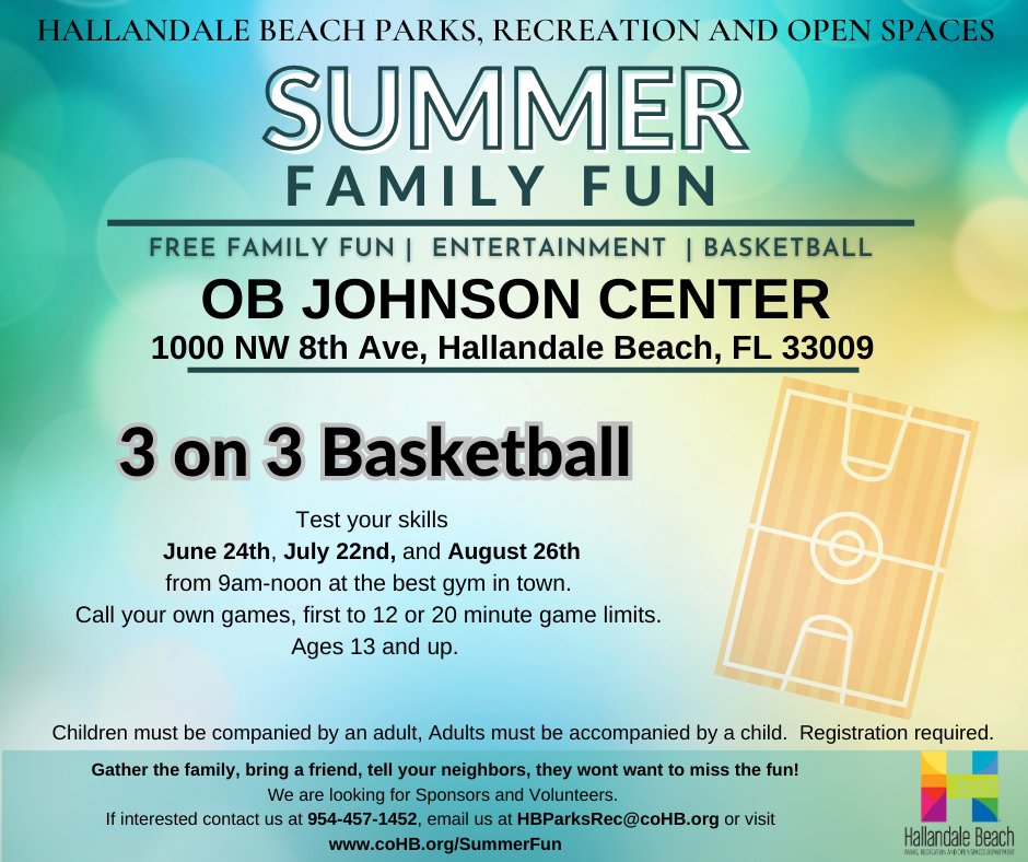 We can't wait to see you on the court this Saturday, June 24th, from 9 am-noon at our OB Johnson Park Center. #Free #3on3Basketball #SummerFamilyFun