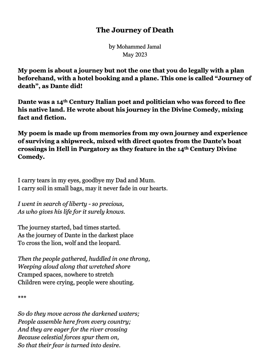 JenniferAllsopp's tweet photo. As you say, some 700 seafarers died last week in the Med-what u don't seem to see is that they too were pursuing knowledge &amp; virtue, many forced to flee botched Western attempts to 'democratise'. I invite u to read Mohammed's poem &amp; hear his 'epic' THIS is the hero you seek (4/4) https://t.co/AohZ3bFbgB