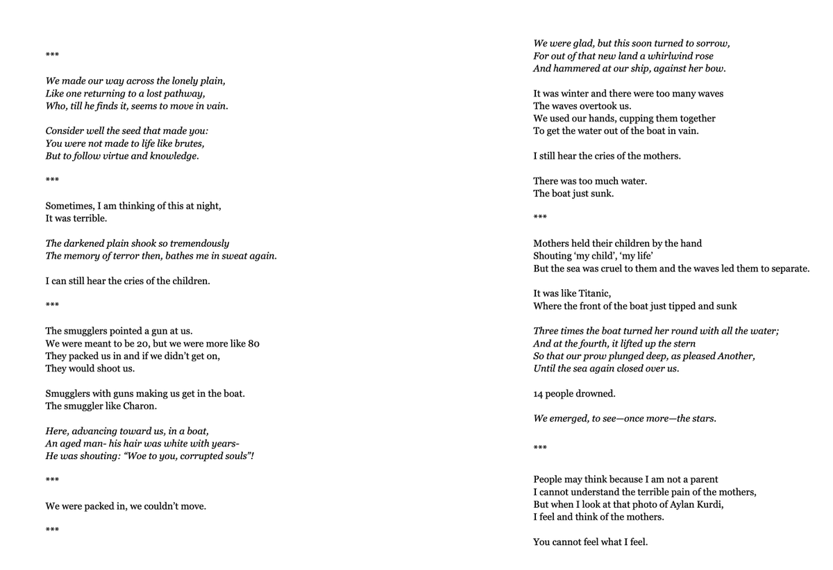 JenniferAllsopp's tweet photo. As you say, some 700 seafarers died last week in the Med-what u don't seem to see is that they too were pursuing knowledge &amp; virtue, many forced to flee botched Western attempts to 'democratise'. I invite u to read Mohammed's poem &amp; hear his 'epic' THIS is the hero you seek (4/4) https://t.co/AohZ3bFbgB