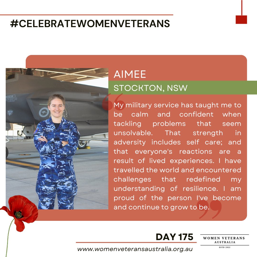 Our next #CelebrateWomenVeterans profile with thought-provoking insights from Aimee regarding her #YourADF service.

Current and ex-serving #YourADF servicewomen, we would love to hear your story: womenveteransaustralia.org.au/celebratewomen…