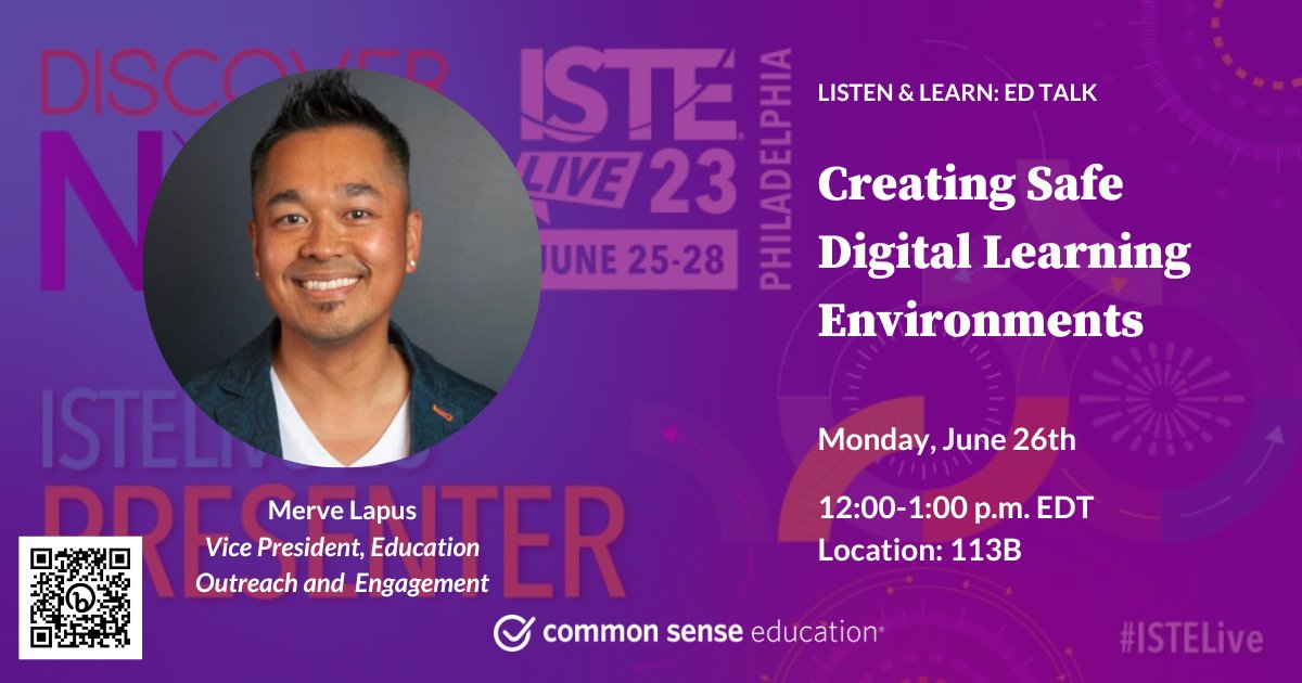 CommonSenseEd's tweet image. Join Vice President of Education Outreach &amp;amp; Engagement Merve Lapus and fellow panelists as they discuss &quot;Creating Safe Digital Learning Environments&quot; on Monday, June 26th at 12:00pm EDT!

#ISTELive #ISTELive23 #CommonSensePD