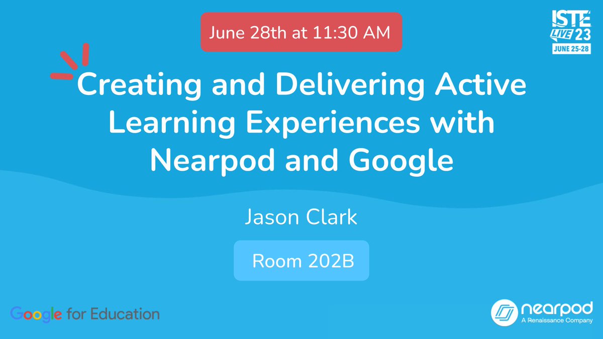 nearpod's tweet photo. Did you know #Nearpod works with all your favorite Google tools? ✨➕

Don't miss out on this amazing session with @Jpclark03 at #ISTELive to learn Nearpod can make lessons more engaging with @GoogleForEdu! 💻✨

📆 June 28th at 11:30 AM

Save your spot 👉 https://t.co/T4IsZ3L7sR https://t.co/z4nyIWcGeu