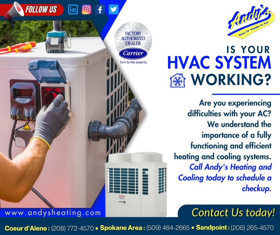 Andy's techs answer calls within 30 minutes. We offer 24 Hour service 365 days a year.
Contact us today!
.
.
#AndysHeatingAndCooling #ACCheckup #SummerReady #BeatTheHeat #HVACMaintenance #DaltonGardens #Idaho #HeatingAndCooling #hvac #hvaclife