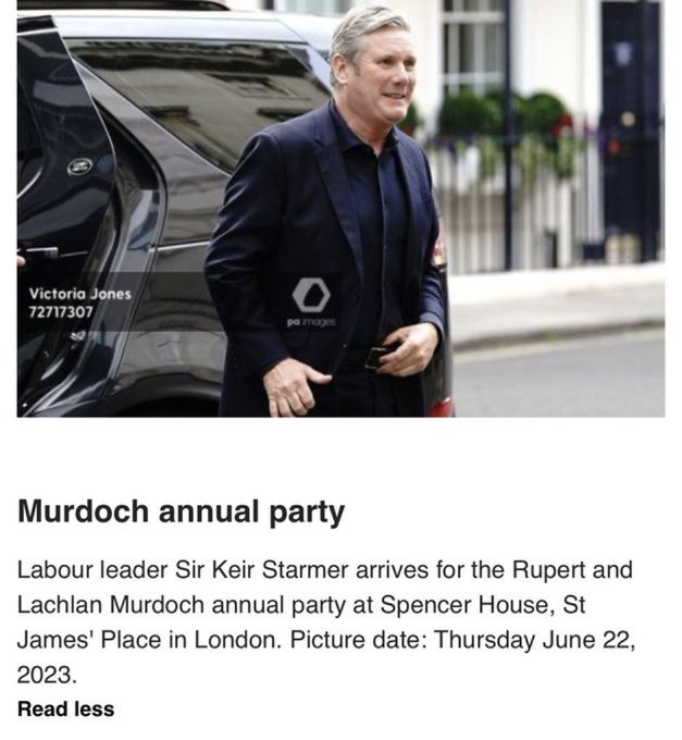 OwenPaintbrush's tweet photo. Starmer arrives at Murdoch's summer party to collect the Labour Party's next manifesto. https://t.co/OB5erEMmxE