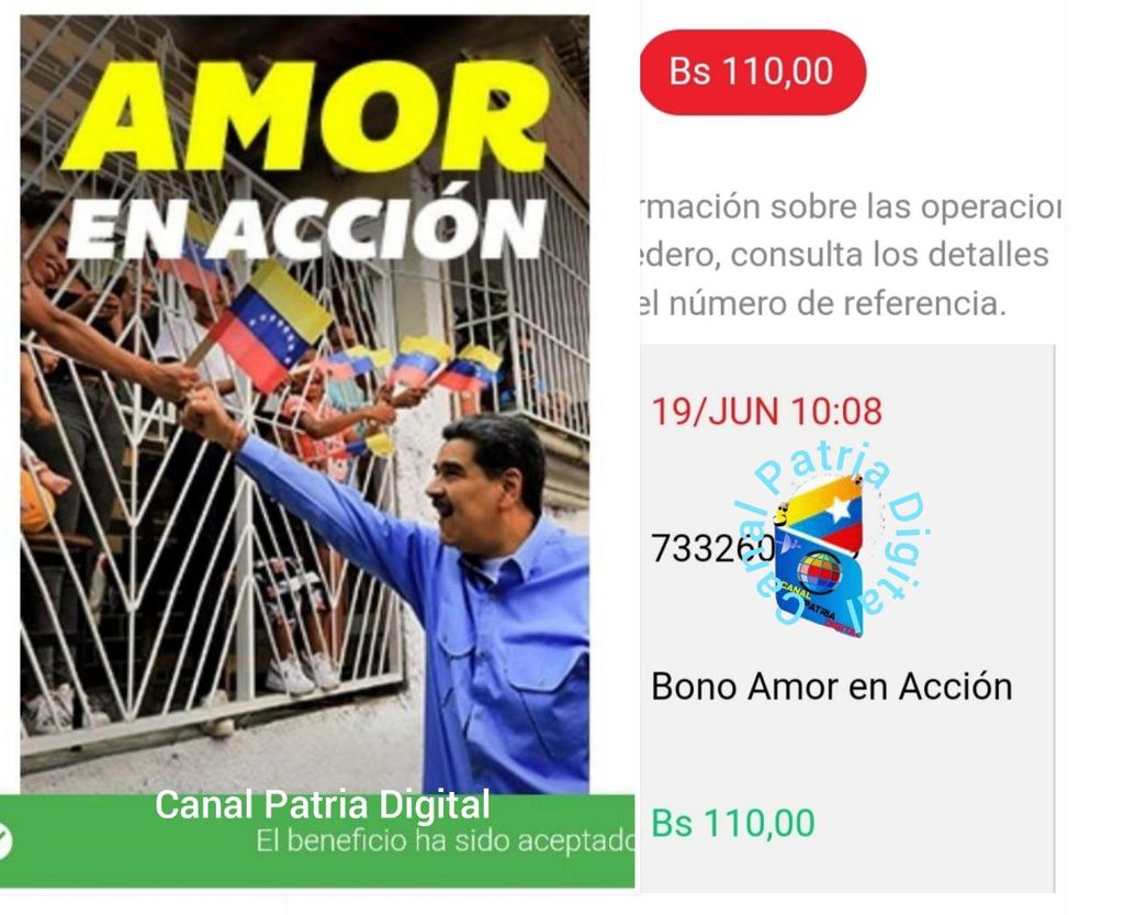 Para esto alcanza el poderoso bono AMOR EN ACCION enviado por nuestro presidente en Venezuela @NicolasMaduro Amazonas a la Vanguardia de la Revolución Económica. 110,00 bsD 3,08$ #PorLaVidaYLaPaz