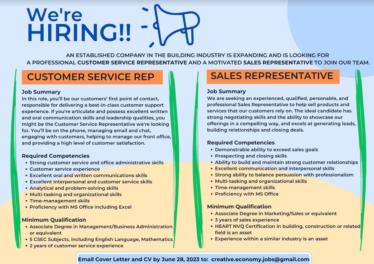 Now Hiring :
Customer Service Representation
Sales Representative

?Follow @careerjamaica for the latest jobs
?Visit CareerJamaica.com for more jobs

#careerja #recruitmentjamaica