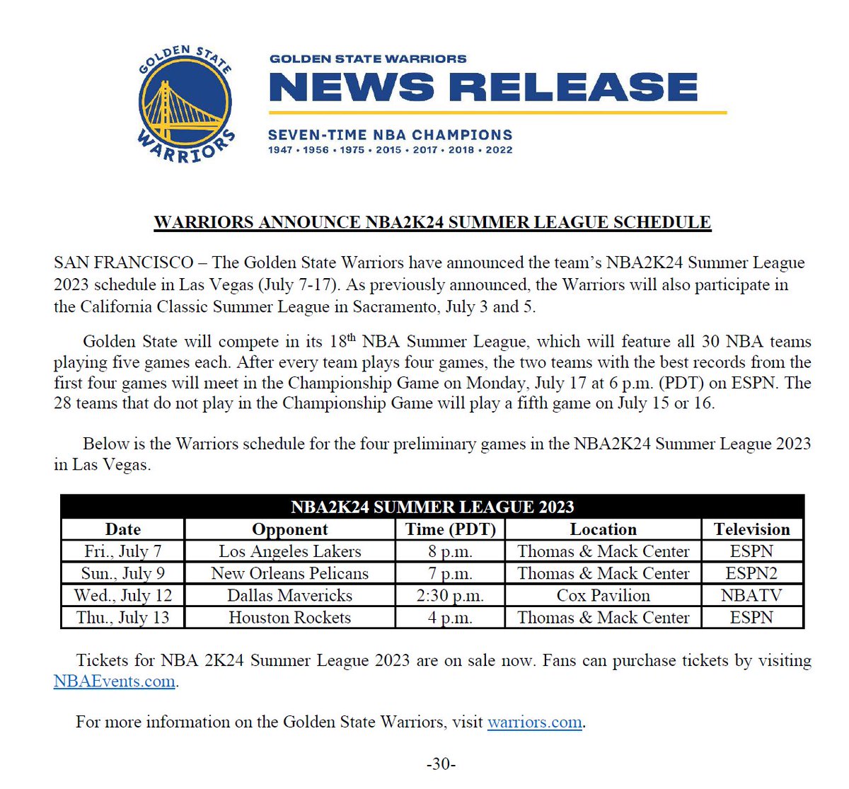 Warriors PR on Twitter "Warriors announce NBA2K24 Summer League schedule"