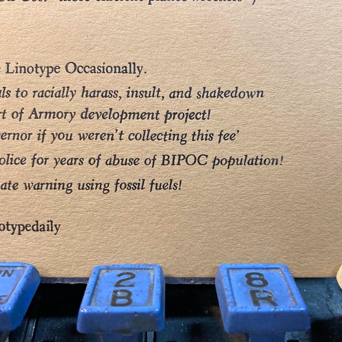 TLinotypist's tweet photo. Cast in 8 and 11pt Electra with Cursive, and 48 and 72pt Bodoni Campanile on the Ludlow https://t.co/ma8r12p5n4