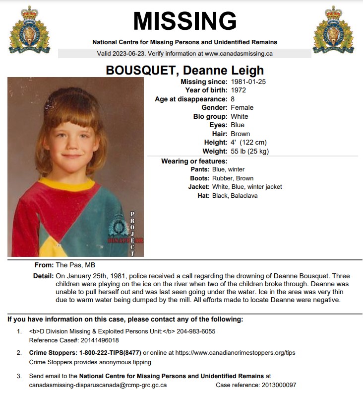 SomeoneSawSMTHG's tweet image. #Missing - Deanne Leigh Bousquet
Missing Since - January 25, 1981
Missing From - #ThePas, #Manitoba, #Canada
Case reference: 2013000097

#Unforgotten #ShareThisPost