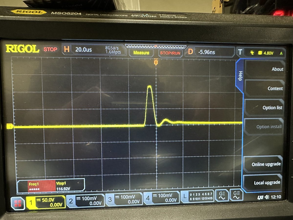 Just for the record, folks, this is why you put flyback diodes across relay coil switches. This is the coil collapse spike from a FIVE VOLT REED RELAY. 50 volts and 20 µs per division.