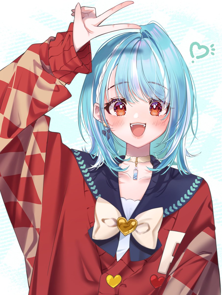 1girl solo v blue hair heart smile jewelry  illustration images