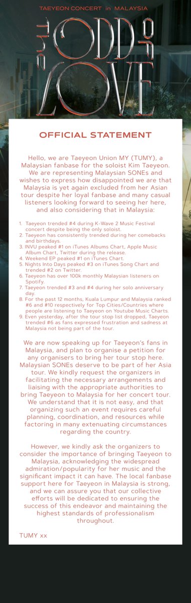 taeyeonUnionMY's tweet photo. Hello, this is TUMY, representing Taeyeon fans advocating for Malaysia's consideration in Taeyeon's "The Odd of Love" Asia Tour list.

This is the official statement &amp; petition requesting the inclusion of Malaysia in the tour.

🎯: > 5K 

https://t.co/sE4RNlahyD

@TAEYEONsmtown https://t.co/x6IX2zHhsc