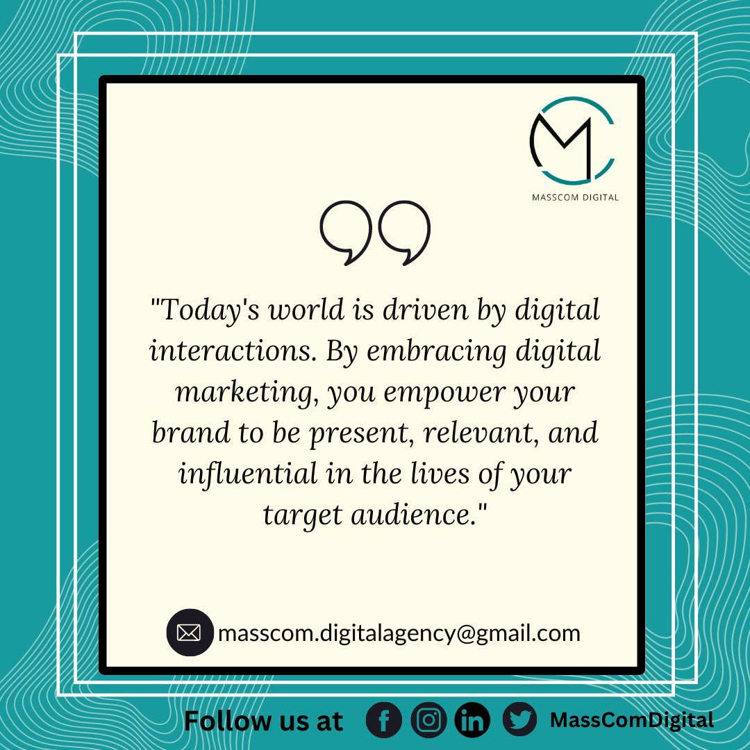 Digital marketing amplifies brand visibility, drives engagement, and fuels growth for brands in the digital age!!! 😍

#qouteoftheday #masscomdigital #branding