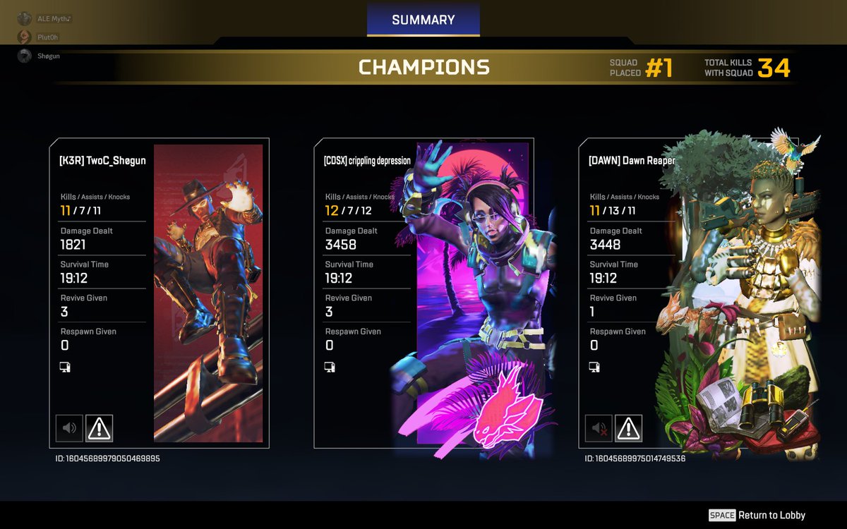 MythhOCE's tweet photo. When the new team puts in that ranked practice.
@PlayApex 

We had 2 back to back 30 bombs thankfully got the screenshot of our 10/10/10 one! Master Lobbies aren't what they used to be but still decent synergy practice. https://t.co/wC82TmUBvc
