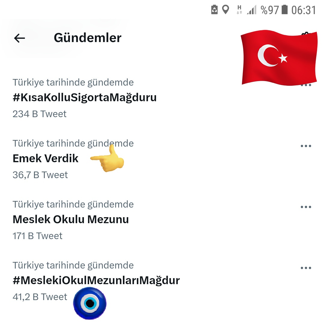 MeslekiOkulMezunlarıMağdur
41,2 bin tweet

Emek Verdik 
36,7 bin tweet

#KısaKolluSigortaMağduru 
234 Bin tweet

Meslek Okulu Mezunu 
#MeslekiOkulMezunlarıMağdur