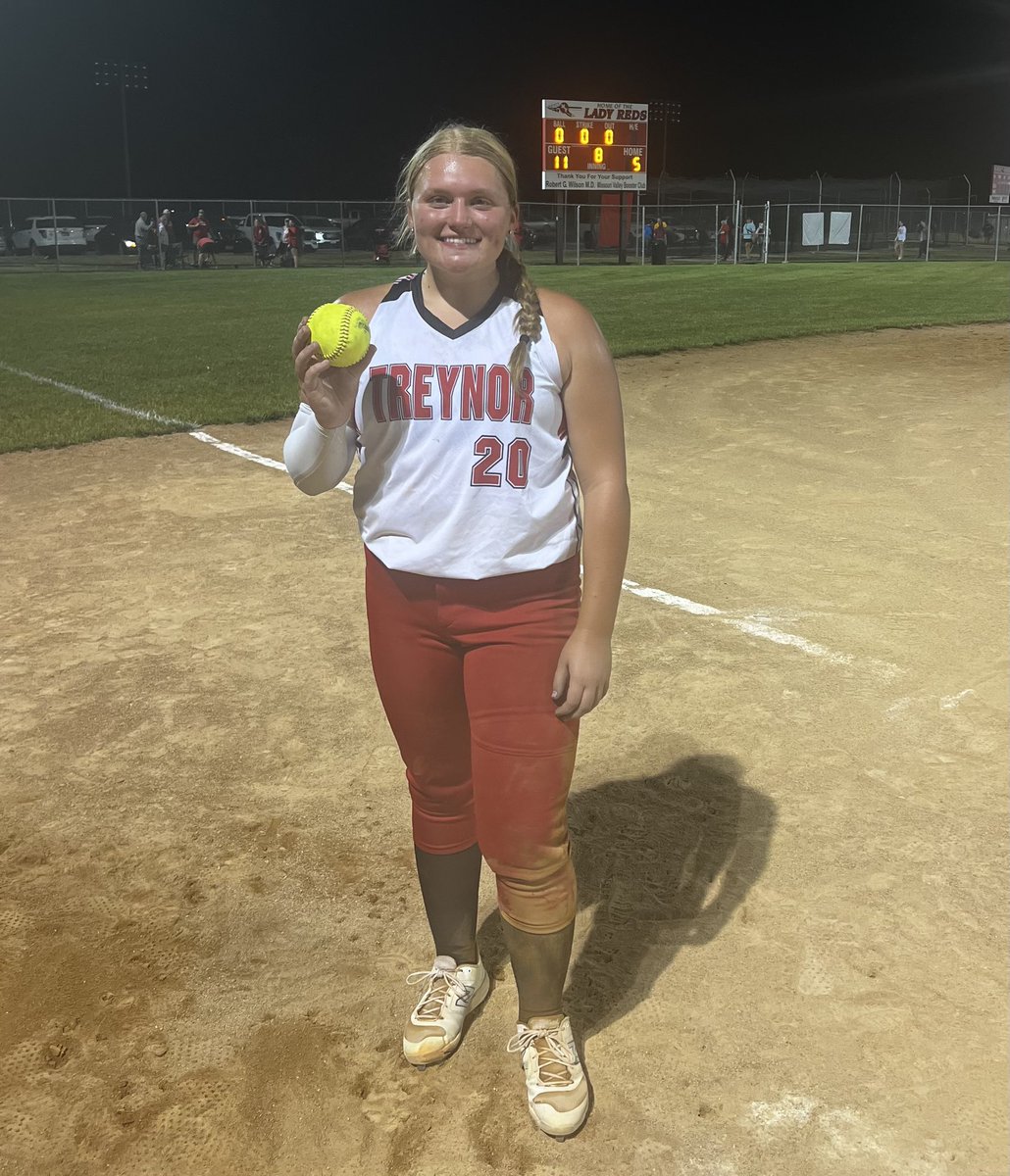 Treynor 11 Mo Valley 5 (8 innings)-Jadyn Huisman 5 2/3 striking out 6. Delaney Mathews 2 1/3 of scoreless ball. Claire Schrage 3/4, Zoey Zadalis 2/4 w/3 runs scored, Huisman 2/4 w/ game tying homerun &amp; 5 RBIs.Teammate of the Game-Jadyn! Great execution up &amp; down the lineup!!