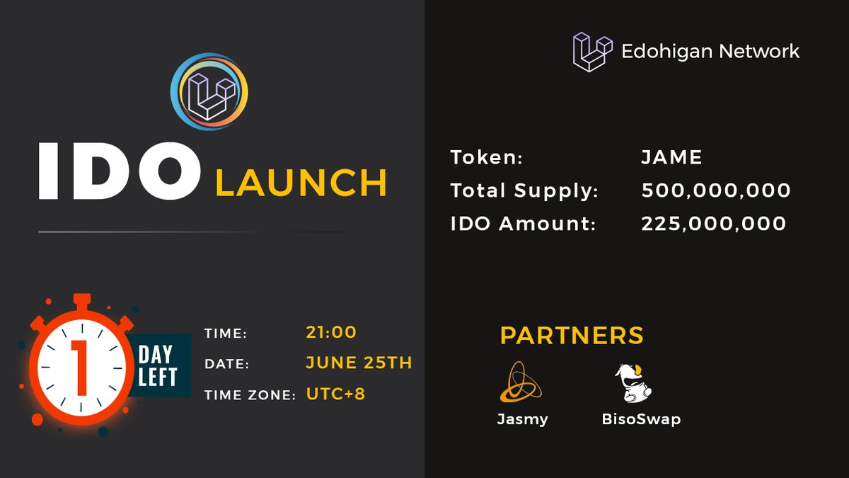 ✨ 1 days until Edohigan Network's BRC-20 $JAME IDO launch at  <a href="/BisoSwap/">BisoSwap🦏</a>

😍 Please remember to pay attention to the time, don't miss it!

❤️ Kindly follow us on
📅 June 25th, 2023, 
⏱️ 21:00, UTC+8