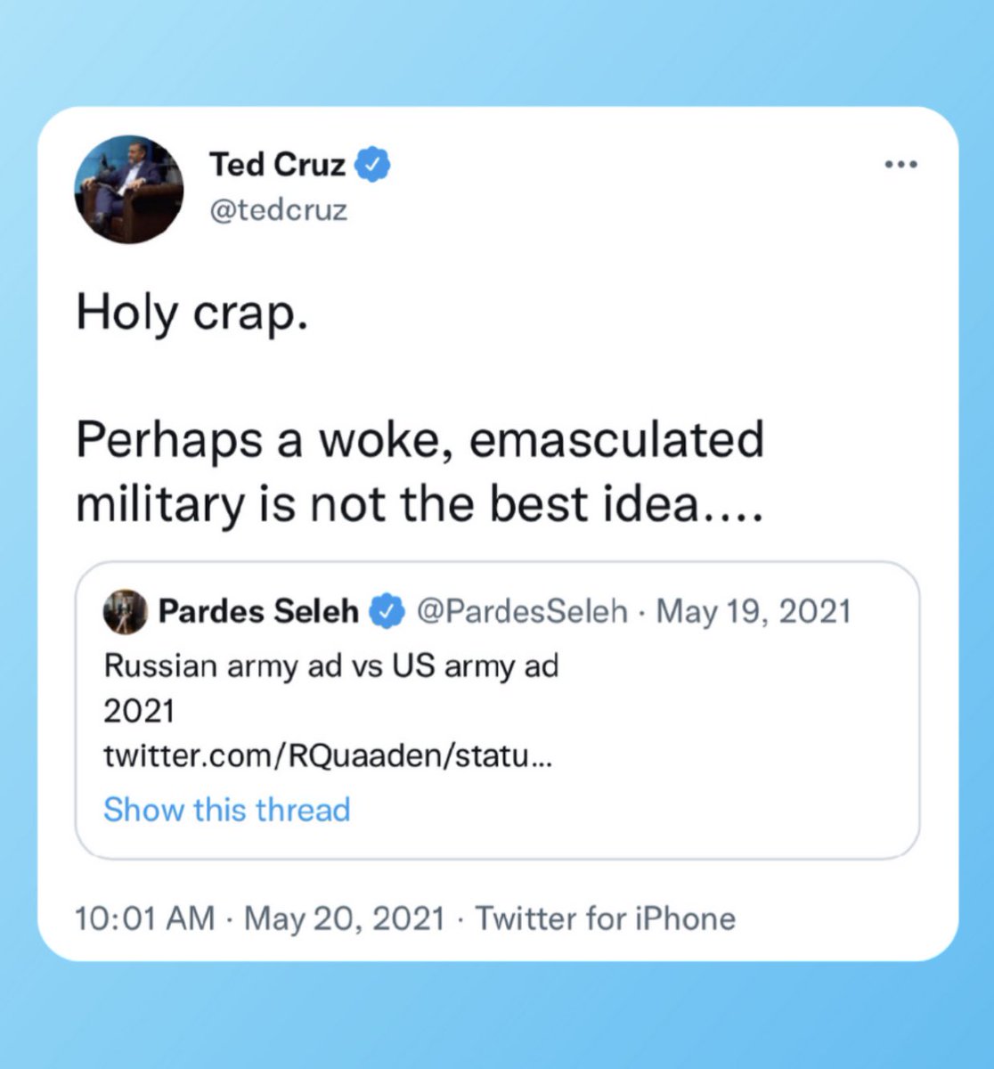 madrid_mike's tweet photo. Remember when Ted Cruz was gloating about how much more masculine the Russian army was than the US army? https://t.co/Cr5WPLwG3F