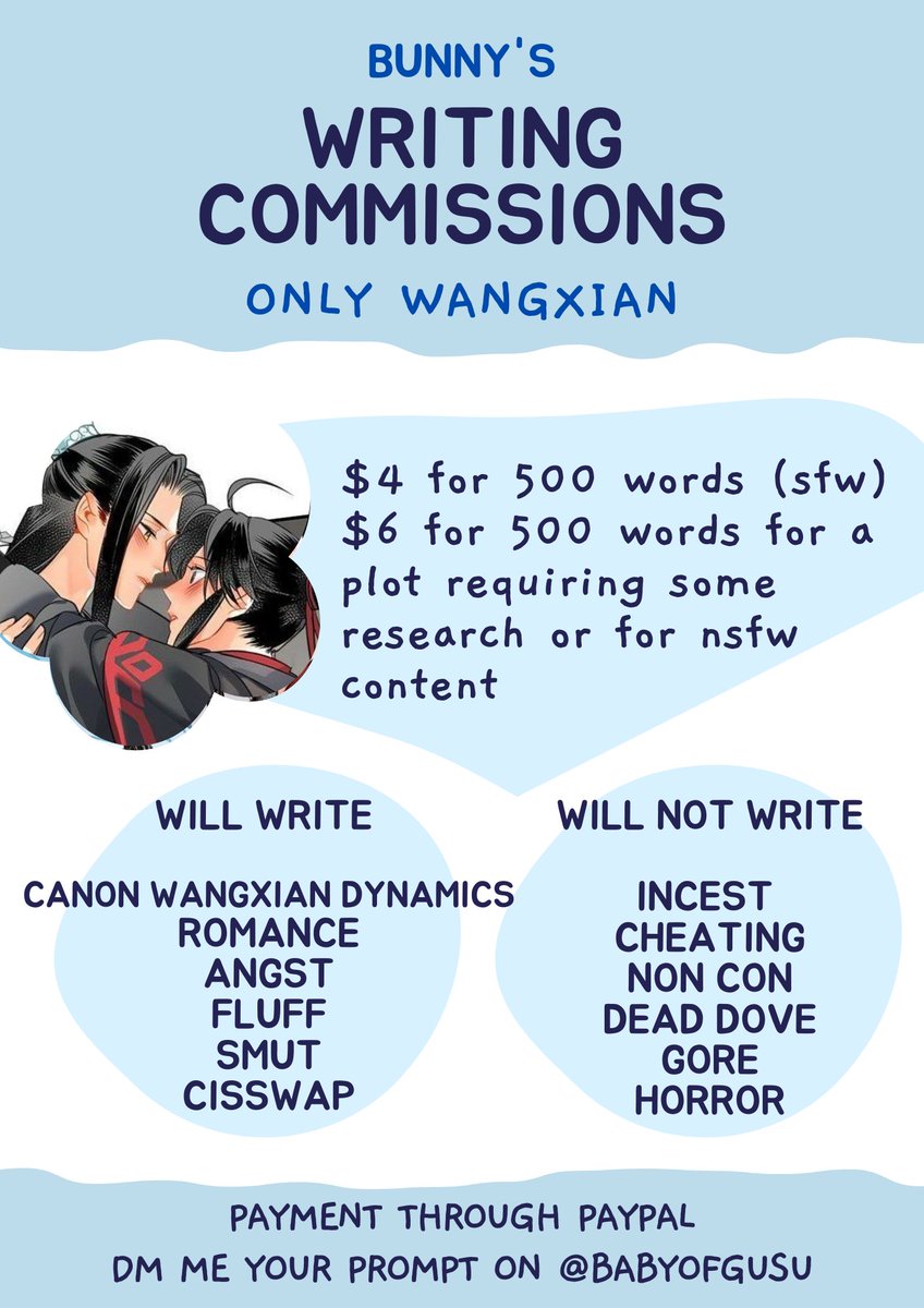 babyofgusu's tweet photo. 💙 writing commissions open ❤️
all the details can be found below. if anyone have any further queries, you can dm me.
rts are appreciated #commissionsopen #writingcomms https://t.co/ySN3fRRsMX