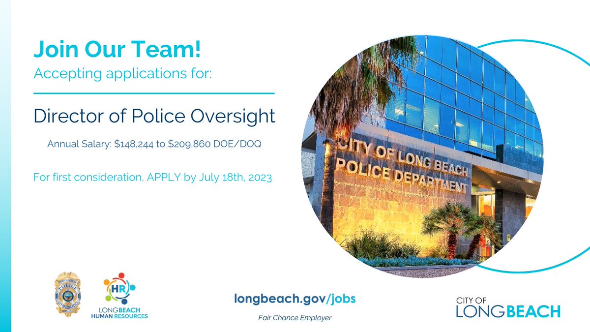 LongBeachHR's tweet image. Are you ready to #JOINLBPD ⁉️
@LongBeachCity seeks its first Police Oversight Director to lead the new Office of Police Oversight. Visit bit.ly/3NIpjpk to apply by July 18, 2023, for first consideration.

Annual Salary: 
$148,244 to $209,860 DOE/DOQ

❤➡ tag➡ retweet