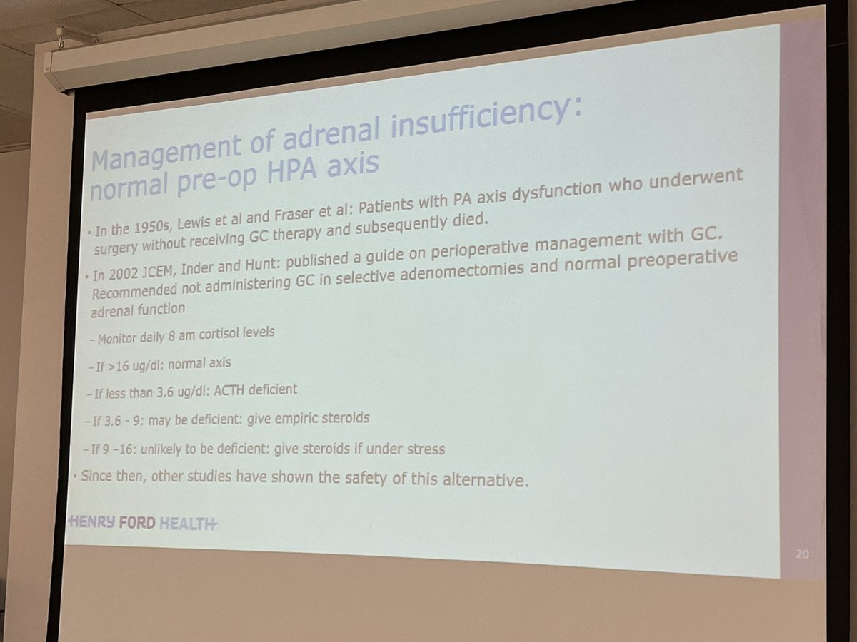 HFEndocrineFell's tweet photo. Dr Gomes - soon to be senior fellow discussing post op pituitary management today. 1. New onset hypopit post op occurs by 3-6mths. 2.Timing of recovery for new post op panhypopit varies. Keep monitoring 3.Risk of VTE &amp; infection post surgery for CD can persist upto 3 mths. https://t.co/r5tMHlYwZi