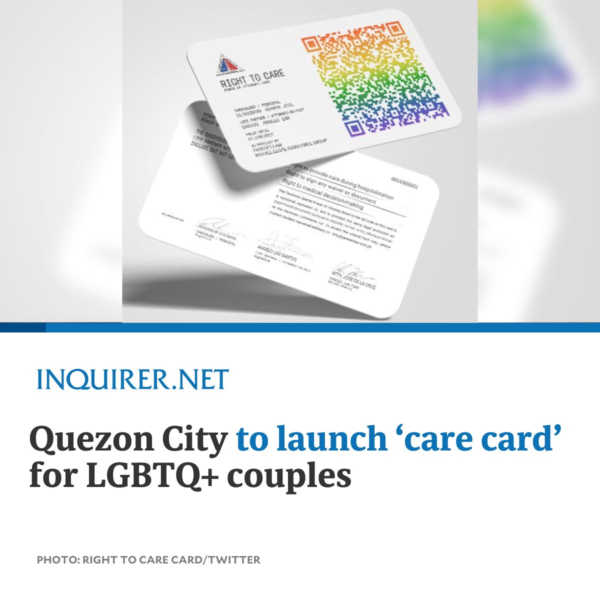 inquirerdotnet's tweet photo. In line with the Pride Month celebration, the Quezon City government announces the launch of Right to Care Card, which aims to give LGBTQ+ couples authorization to make medical decisions for their partners.

It will soon be available to residents of the city. https://t.co/52tv6q2weZ
