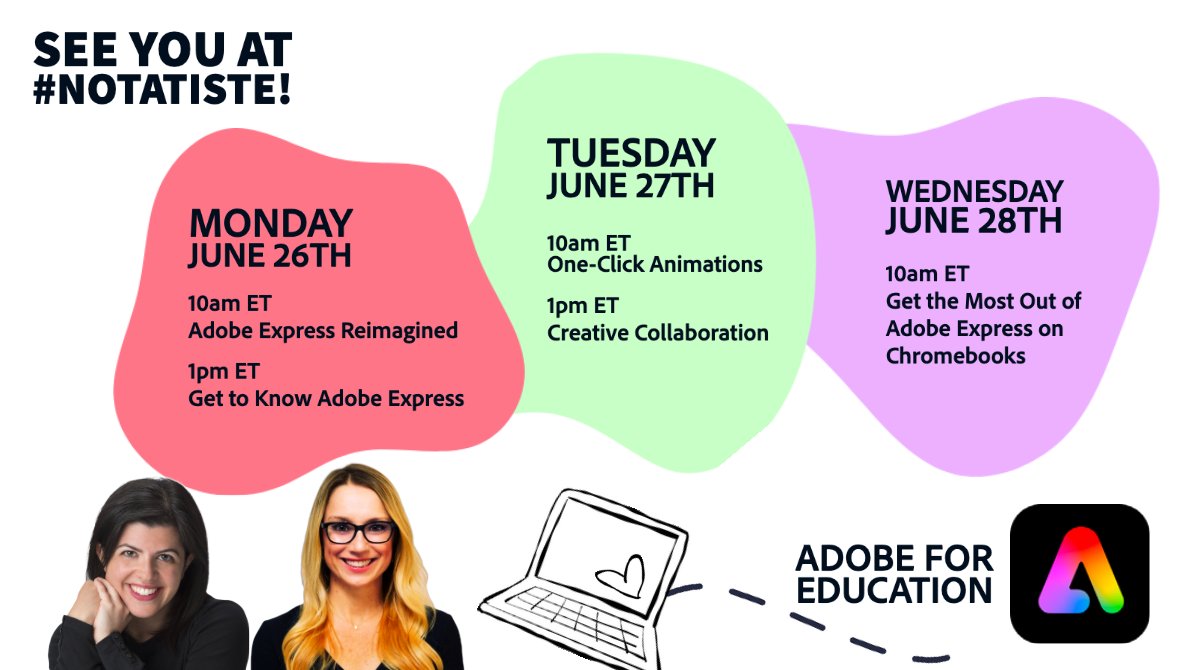 Mark your calendars! @LindseyBlassEdu and I are hosting the #notatiste series on @AdobeForEdu channels (FB, YouTube, and Twitter) all week. 

Don't miss out on awesome tips, tricks, and exciting updates about ALL OUR NEW @adobeexpress features!

#notatiste23 #adobeeducreative