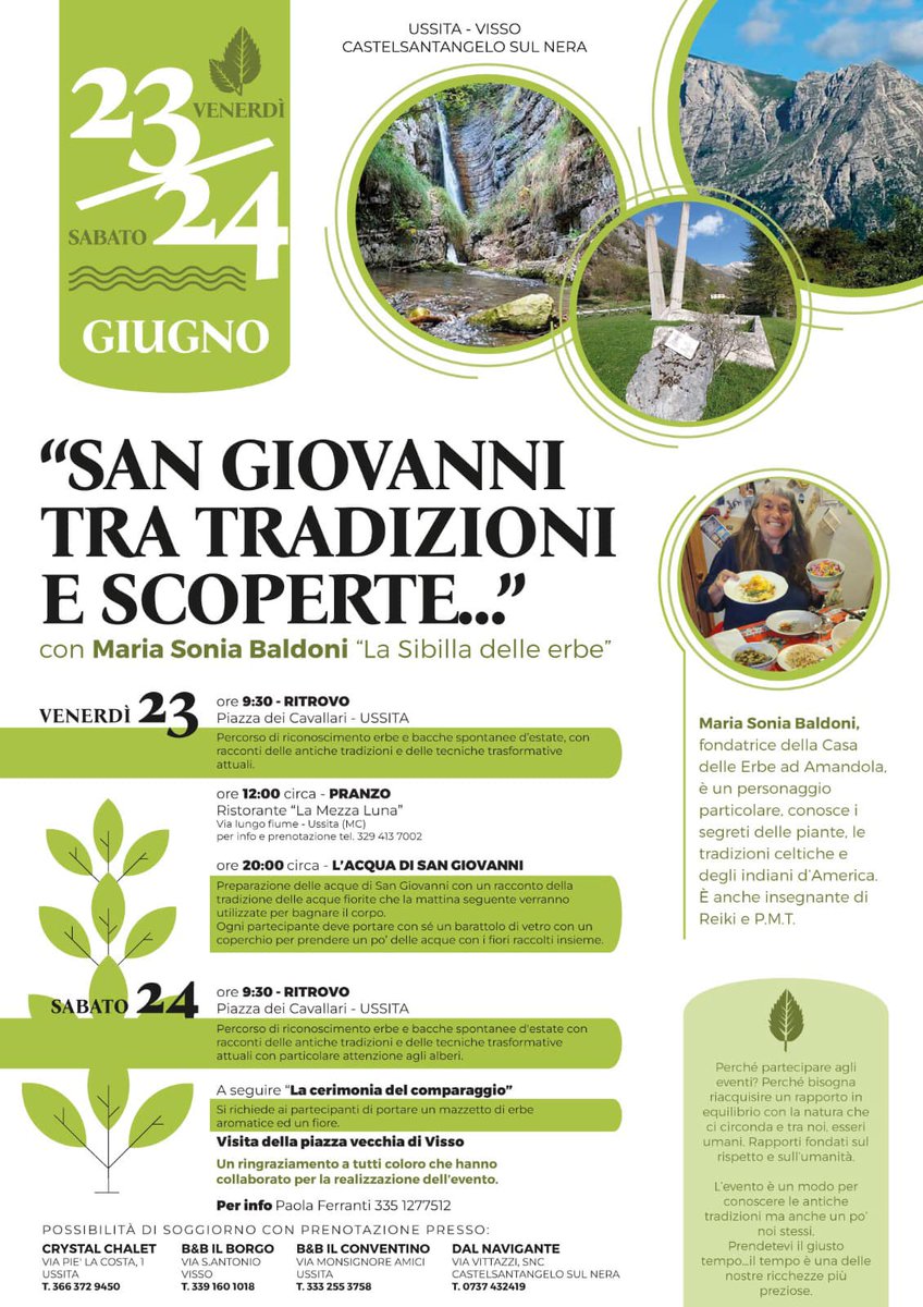 Scopri le #tradizioni di #SanGiovanni con Maria Sonia Baldoni,"la #Sibilla delle #erbe ", il #23e24Giugno2023 a Ussita! Approfitta delle strutture ricettive convenzionate a #Visso #CastelsantangeloSulNera #Ussita per un soggiorno indimenticabile. #acquadiSanGiovanni #comparaggio