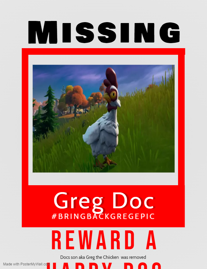 Snowbelltime's tweet photo. A few days ago my son Greg the chicken was removed from Fortnite. Epic bring him back!. Retweets are helpful. I am a very sad Parent rn ): #Bringbackgreg #Bringbackchicken #savegreg @FortniteStatus @FortniteGame @FortniteANZ https://t.co/YuzjYb18Zh