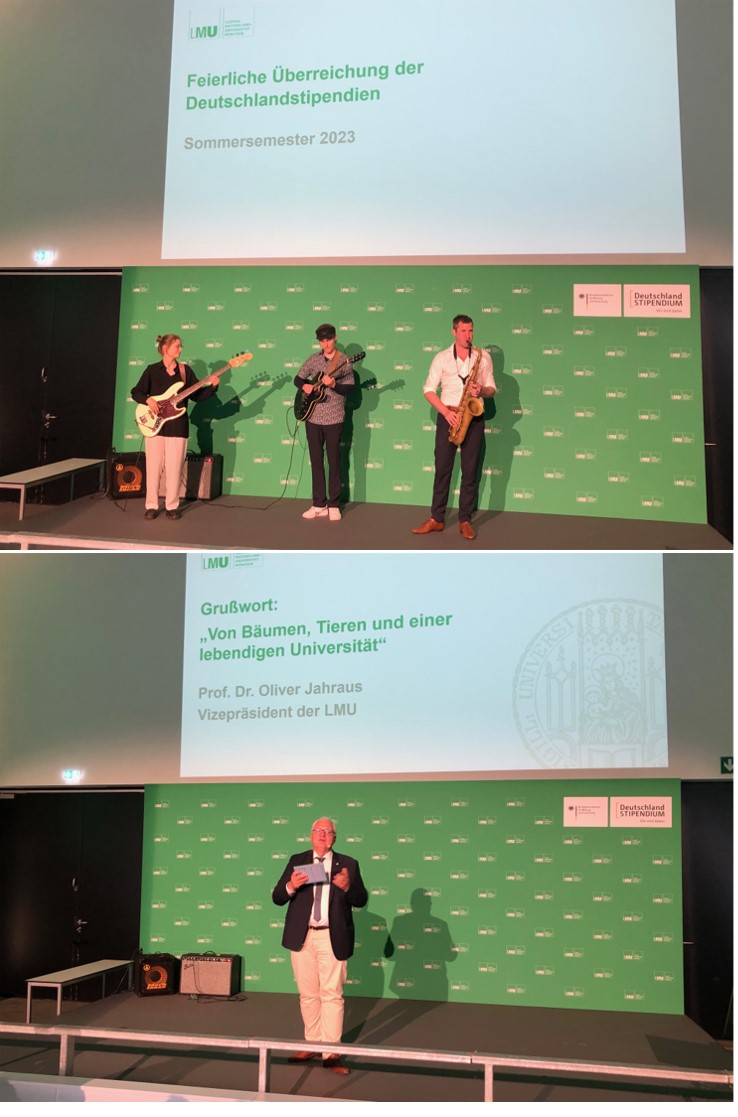 Heute fand die feierliche Überreichung der Deutschlandstipendien 2023 der <a href="/LMU_Muenchen/">Universität München</a>
statt. Die <a href="/unigesellschaft/">Münchener Universitätsgesellschaft e.V.</a> unterstützt seit 2011 jedes Jahr mehrere Stipendien. Sie verbinden private Förderer/innen mit der LMU und den Stipendiaten/innen, der Bund verdoppelt den Betrag.