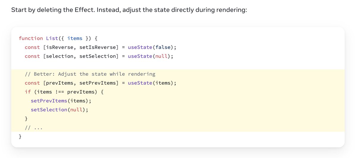 Swizec's tweet photo. whoa I legit did not think this worked 🤯

time to replace a bunch of useEffect with update-state-during-render https://t.co/Q7yq90kgnK